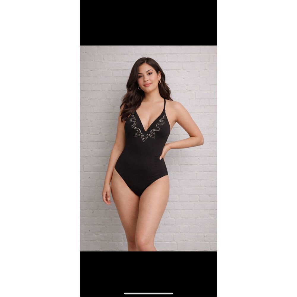 Wild Fable Black One-Piece Swimsuit Studded Plunge XS (0–2) NWT